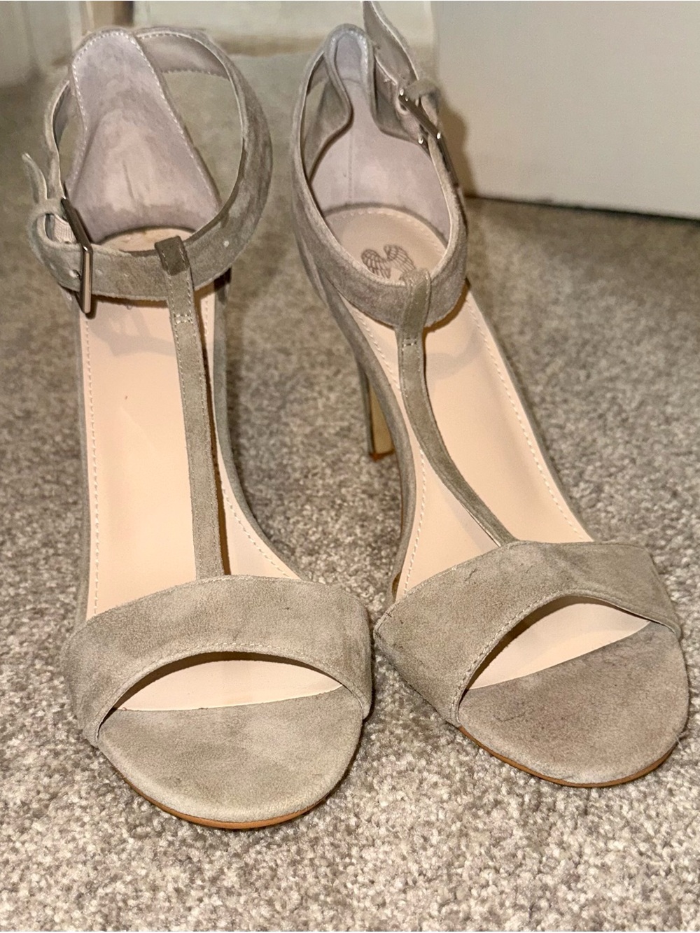 Women’s Taupe Suede Leather T-Strap Stiletto Heels | Size: 8.5B